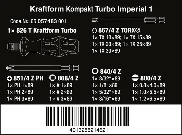 Wera 826 T Kraftform Kompakt Turbo 1 Screwdriver Set 19 Piece SAE 05057483001