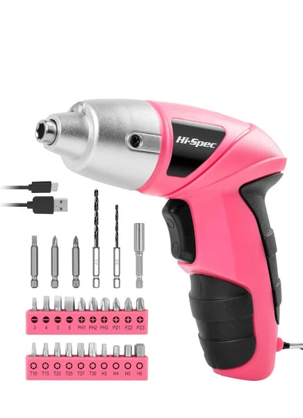 Hi-Spec Electric Screwdriver 27pcs 3.6V Pink USB Small Power Rechargerable