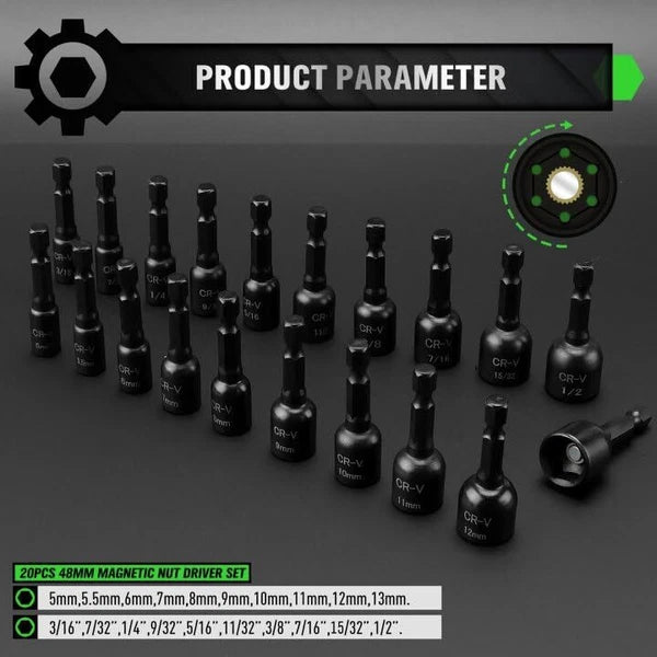 55Piece Magnetic Nut Driver Set Metric & SAE 1/4" Hex Shank Impact Driver Socket