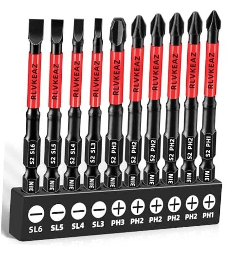 10-PCS 3" Long Magnetic Screwdriver Bits Set: Phillips Bits #1/#2/#3 & Slotted