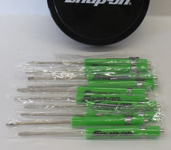 (10)TEN Snap On Pocket Screwdriver, Flat Tip Screwdrivers, Magnetic GREEN .NEW.