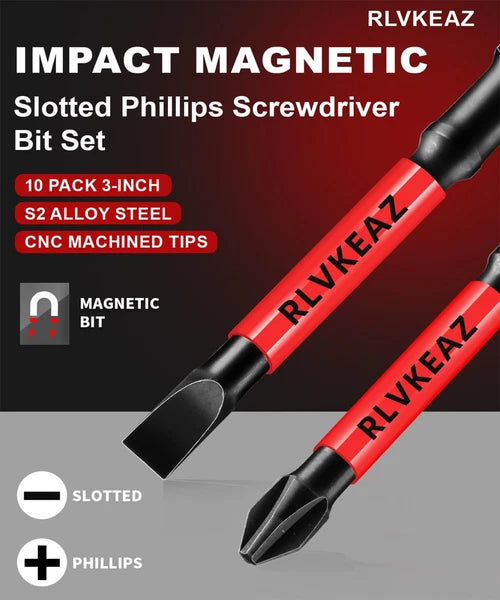 10‑Pc 3" Magnetic Screwdriver Bits Set Phillips & Slotted 1/4" Hex Impact Driver