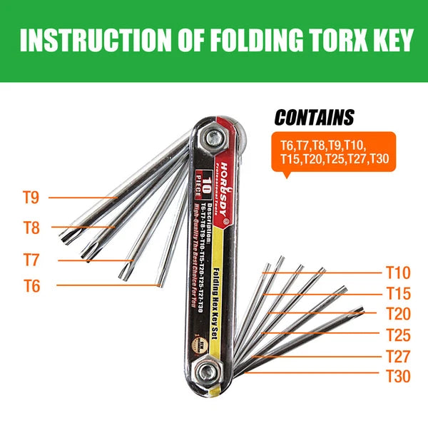 10 PC Tamper Proof Star Key Set Folding Locking Torx security screwdriver T6-T30