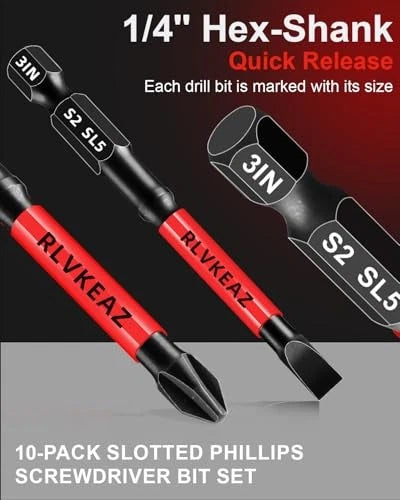 10-PCS 3" Long Magnetic Screwdriver Bits Set: Phillips Bits #1/#2/#3 & Slotted