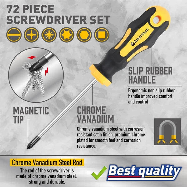 Magnetic Screwdrivers Set with Case, Amartisan 72-piece Includs Yellow