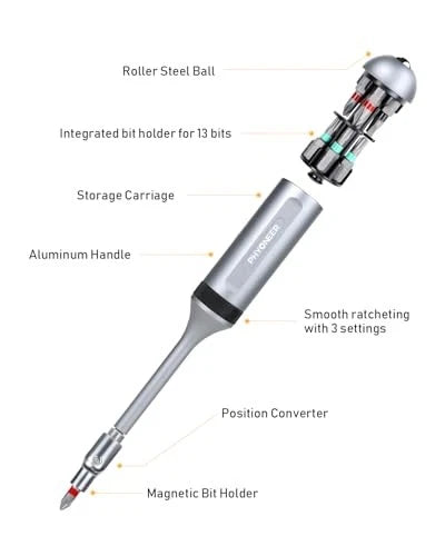 13-in-1 Ratcheting Screwdriver Set with 12 S2 Driver Bits, Direction