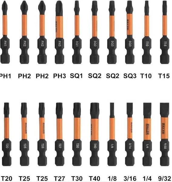Railer 20pc Impact Driver 2" Bit Set Phillips Robertson Square Torx Flat Bitrail