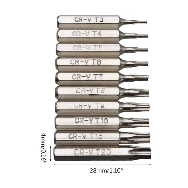 10PCS CR-V Torx Screwdriver Bits Set T3 T4 T5 T6 T7 T8 T9 T10 T15 T20 Mobile Bit