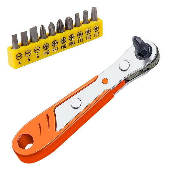2×Ratcheting Right Angle Screwdriver Hex Drive 90 Degree Offset + 10PCS Bits Set